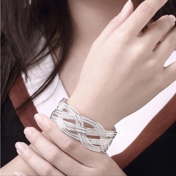 Braided Design Sterling Silver Bangle Cuff Bracelet Matching Ring Set - Picture 8 of 12